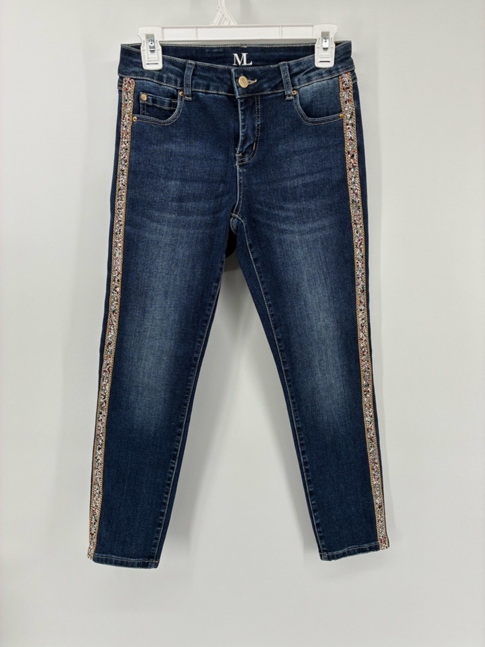Dark Blue Rainbow Embellished Side-Stripe Skinny Jeans Jeggings Stretchy Women's